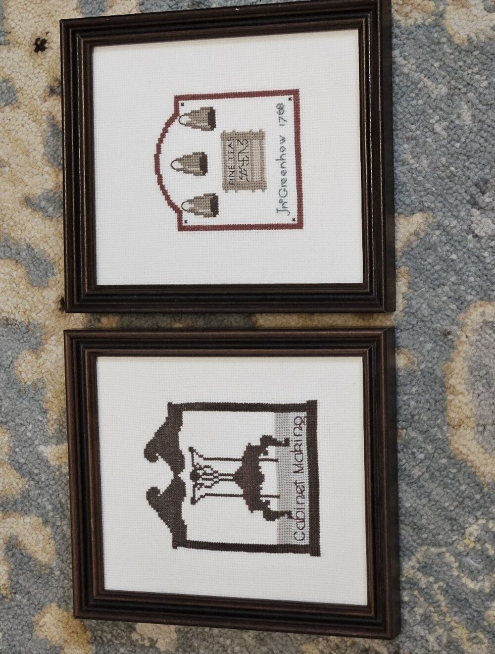 Framed Cross-Stitch Art Pair in Brown Frames - Neutral Tones